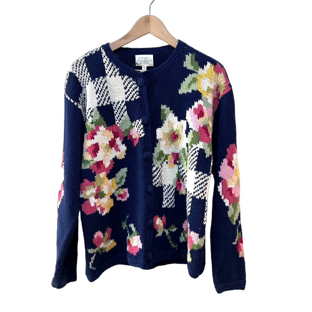 Susan Bristol Navy Floral Plaid Knit Cardigan